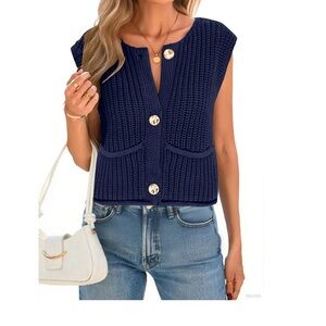 Sleeveless Navy Knit Button-Front Sweater Vest